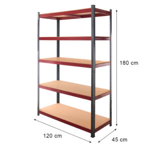Regał magazynowy Mega-M Basic Plus H-180 cm L-120 cm G-45 cm 5 półek z MDF 6,8 mm (275kg) grafitowy/czerwony N