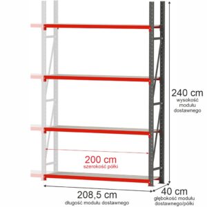 Regał magazynowy 4-półkowy Mega-M FORTIS H-240 cm L-208,5 cm G-40 cm moduł dostawny N