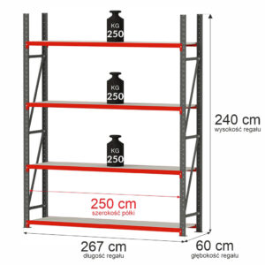 Regał magazynowy 4-półkowy Mega-M FORTIS H-240 cm L-267 cm G-60 cm moduł bazowy N