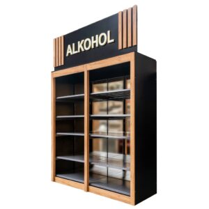 Regał na alkohol z banerem Mega-M H-303 cm L-207 cm G-72 cm dąb kraft N