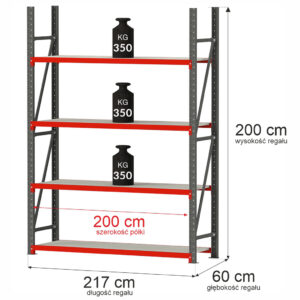 Regał magazynowy 4-półkowy Mega-M FORTIS H-200 cm L-217 cm G-60 cm moduł bazowy N