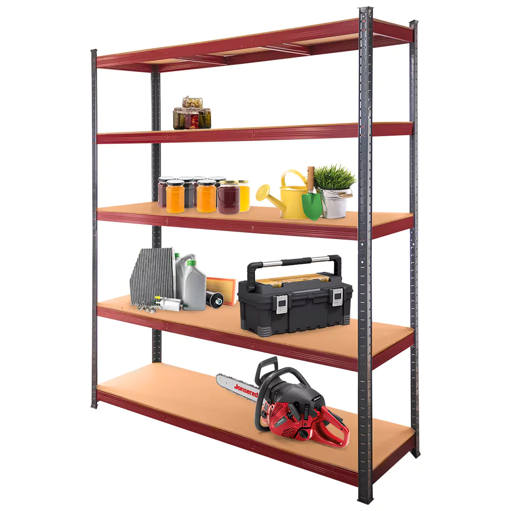Regał magazynowy Mega-M Basic Plus H-180 cm L-150 cm G-45 cm 5 półek z MDF 6,8 mm (275kg) grafitowy/czerwony N - obrazek 2