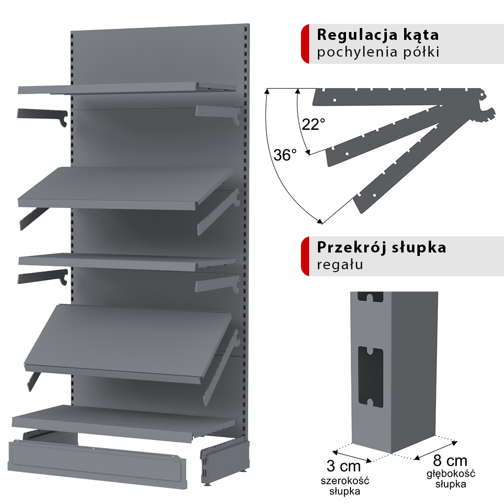 Regał sklepowy Mega-M Merkury przyścienny H-210 cm L-100 cm G-47/4x37 cm (GC-55 cm) grafit moduł bazowy N - obrazek 5