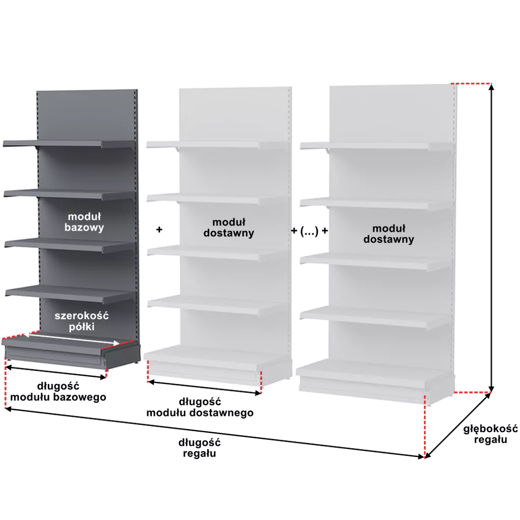 Regał sklepowy Mega-M Merkury przyścienny H-210 cm L-100 cm G-47/4x37 cm (GC-55 cm) grafit moduł bazowy N - obrazek 6