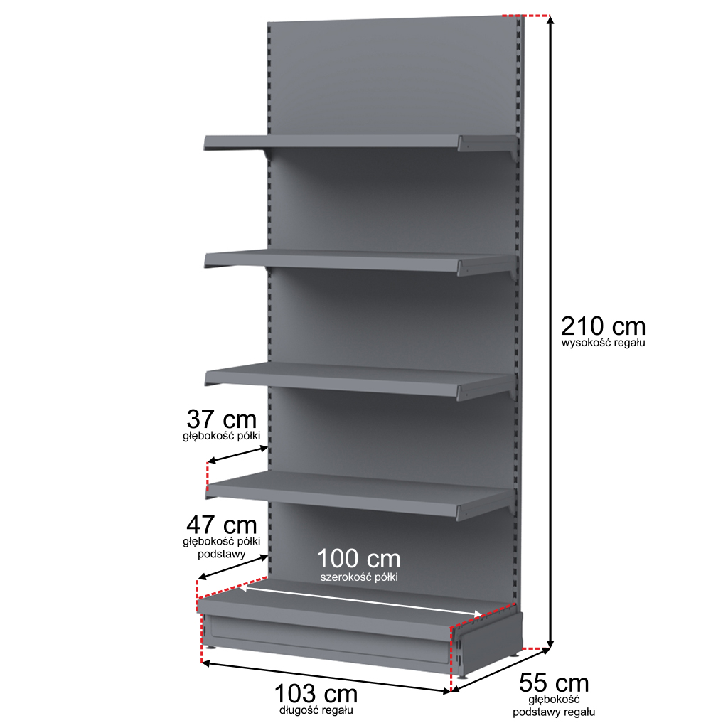 Regał sklepowy Mega-M Merkury przyścienny H-210 cm L-100 cm G-47/4x37 cm (GC-55 cm) grafit moduł bazowy N - obrazek 2
