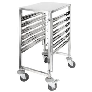 Wózek transportowy ze stali nierdzewnej  z blatem na pojemniki GN 6- półek Mega-M S-38 cm G-55 cm H-95 cm N