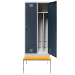 Szafka ubraniowa BHP Mega-M J-80 na podstawie z ławeczką 2 drzwiowa z przegrodami szara/ grafitowy front S-80 cm G-80 cm H-223 cm skręcana N