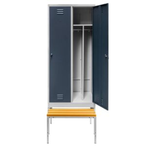 Szafka ubraniowa BHP Mega-M J-80 na podstawie z wysuwaną ławeczką 2 drzwiowa z przegrodami szara/ grafitowy front S-80 cm G-80 cm H-223 cm skręcana N