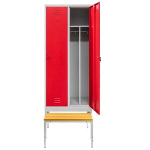 Szafka ubraniowa BHP Mega-M J-80 na podstawie z wysuwaną ławeczką 2 drzwiowa z przegrodami szara/ czerwony front S-80 cm G-80 cm H-223 cm skręcana N
