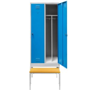 Szafka ubraniowa BHP Mega-M J-80 na podstawie z wysuwaną ławeczką 2 drzwiowa z przegrodami szara/ niebieski front S-80 cm G-80 cm H-223 cm skręcana N