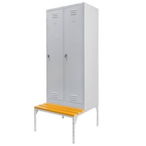 Szafka ubraniowa BHP Mega-M J-80 na podstawie z ławeczką 2 drzwiowa szara S-80 cm G-80 cm H-223 cm skręcana N
