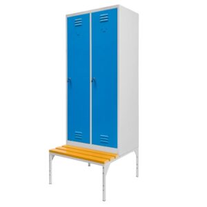 Szafka ubraniowa BHP Mega-M J-80 na podstawie z ławeczką 2 drzwiowa szara/ niebieski front S-80 cm G-80 cm H-223 cm skręcana N