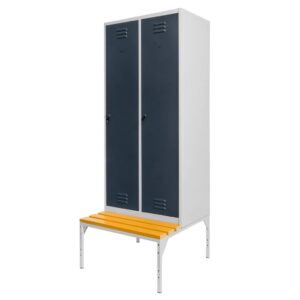 Szafka ubraniowa BHP Mega-M J-80 na podstawie z ławeczką 2 drzwiowa szara/ grafitowy front  S-80 cm G-80 cm H-223 cm skręcana N