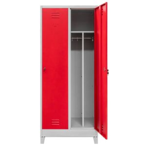 Szafka ubraniowa BHP Mega-M J-80 na podstawie z nóżkami 2 drzwiowa z przegrodami szara/ czerwony front S-80 cm G-50 cm H-190 cm skręcana N
