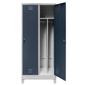 Szafka ubraniowa BHP Mega-M J-80 na podstawie z nóżkami 2 drzwiowa z przegrodami szara/ grafitowy front S-80 cm G-50 cm H-190 cm skręcana N