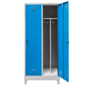 Szafka ubraniowa BHP Mega-M J-80 na podstawie z nóżkami 2 drzwiowa z przegrodami szara/ niebieski front S-80 cm G-50 cm H-190 cm skręcana N