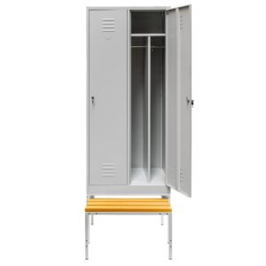 Szafka ubraniowa BHP Mega-M J-80 na podstawie z wysuwaną ławeczką 2 drzwiowa z przegrodami szara S-80 cm G-80 cm H-223 cm skręcana N