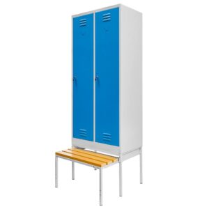 Szafka ubraniowa BHP Mega-M J-80 na podstawie z wysuwaną ławeczką 2 drzwiowa szara/ niebieski front S-80 cm G-80 cm H-223 cm skręcana N