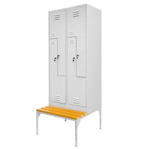 Szafka ubraniowa BHP Mega-M J-80/L na podstawie z ławeczką 4 drzwiowa typ L szara S-80 cm G-80 cm H-223 cm skręcana N