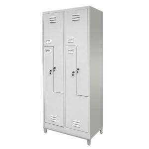 Szafka ubraniowa BHP Mega-M J-80/L na podstawie z nóżkami 4 drzwiowa typ L szara S-80 cm G-50 cm H-190 cm skręcana N