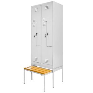 Szafka ubraniowa BHP Mega-M J-80/L na podstawie z wysuwaną ławeczką 4 drzwiowa typ L szara S-80 cm G-80 cm H-223 cm skręcana N