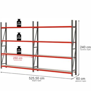 Regał magazynowy 4-półkowy Mega-M FORTIS H-240 cm L-525,50 cm G-60 cm zestaw ( 2 moduły x 250 cm) N
