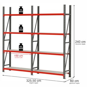 Regał magazynowy 4-półkowy Mega-M FORTIS H-240 cm L-325,50 cm G-60 cm zestaw ( 2 moduły x 150 cm) N