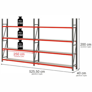 Regał magazynowy 4-półkowy Mega-M FORTIS H-200 cm L-525,50 cm G-40 cm zestaw ( 2 moduły x 250 cm) N