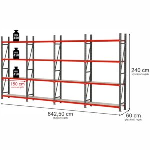 Regał magazynowy 4-półkowy Mega-M FORTIS H-240 cm L-642,50 cm G-60 cm zestaw ( 4 moduły x 150 cm) N