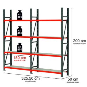 Regał magazynowy 4-półkowy Mega-M FORTIS H-200 cm L-325,50 cm G-50 cm zestaw ( 2 moduły x 150 cm) N