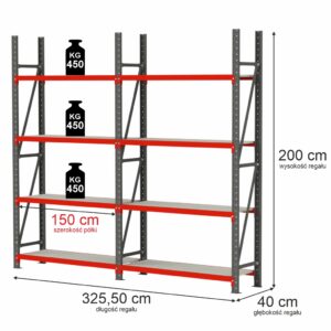 Regał magazynowy 4-półkowy Mega-M FORTIS H-200 cm L-325,50 cm G-40 cm zestaw ( 2 moduły x 150 cm) N