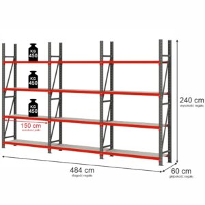 Regał magazynowy 4-półkowy Mega-M FORTIS H-240 cm L-484 cm G-60 cm zestaw ( 3 moduły x 150 cm) N