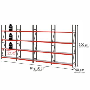 Regał magazynowy 4-półkowy Mega-M FORTIS H-200 cm L-642,50 cm G-60 cm zestaw ( 4 moduły x 150 cm) N
