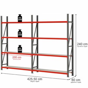 Regał magazynowy 4-półkowy Mega-M FORTIS H-240 cm L-425,50 cm G-60 cm zestaw ( 2 moduły x 200 cm) N