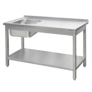 Stół ze stali nierdzewnej przyścienny ze zlewem po lewej stronie i z półką spawany Mega-M S-180 cm G-60 cm H-85 cm N