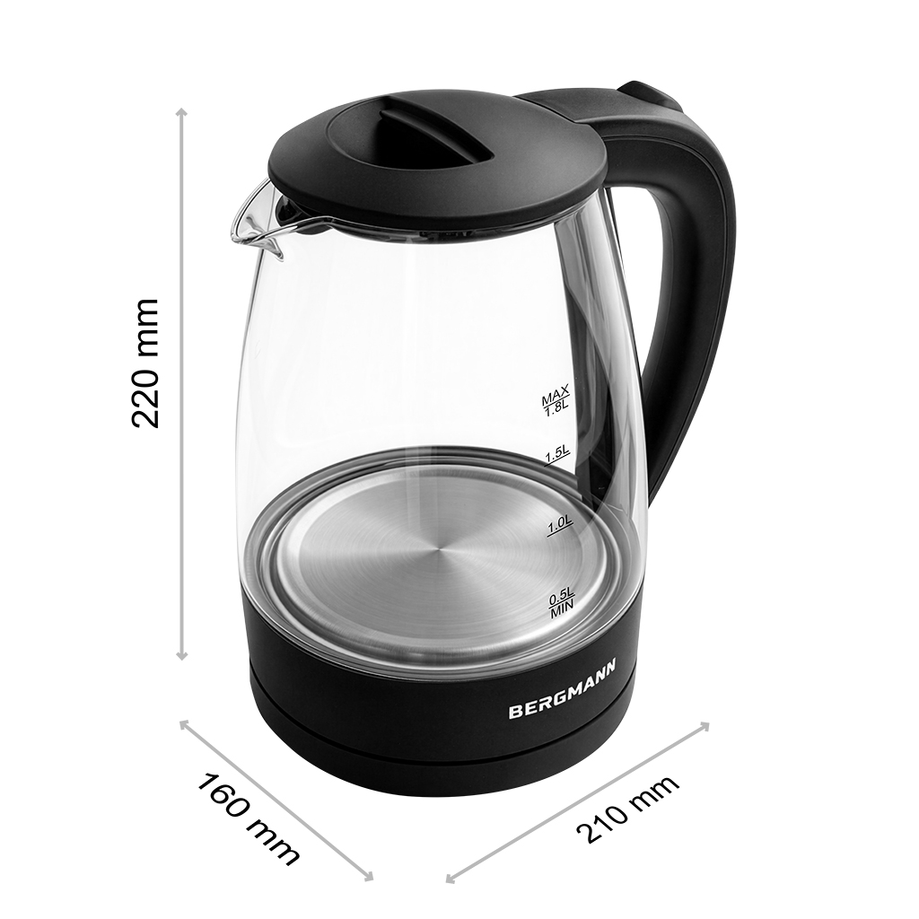 Czajnik elektryczny szklany BERGMANN ZH001 1,8L 2200W podstawa czarna N - obrazek 3
