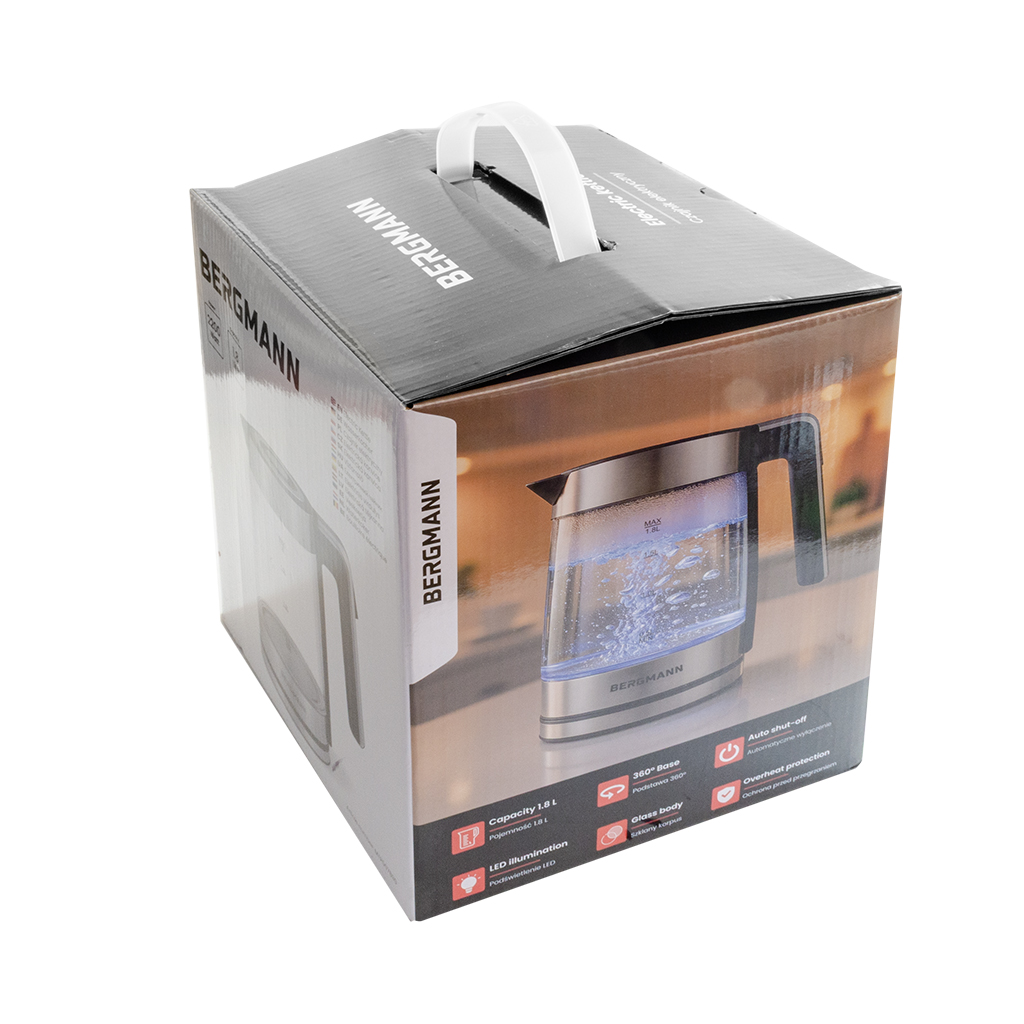 Czajnik elektryczny szklany BERGMANN ZH004 1,8L 2200W podstawa inox kształt cylindryczny N - obrazek 13