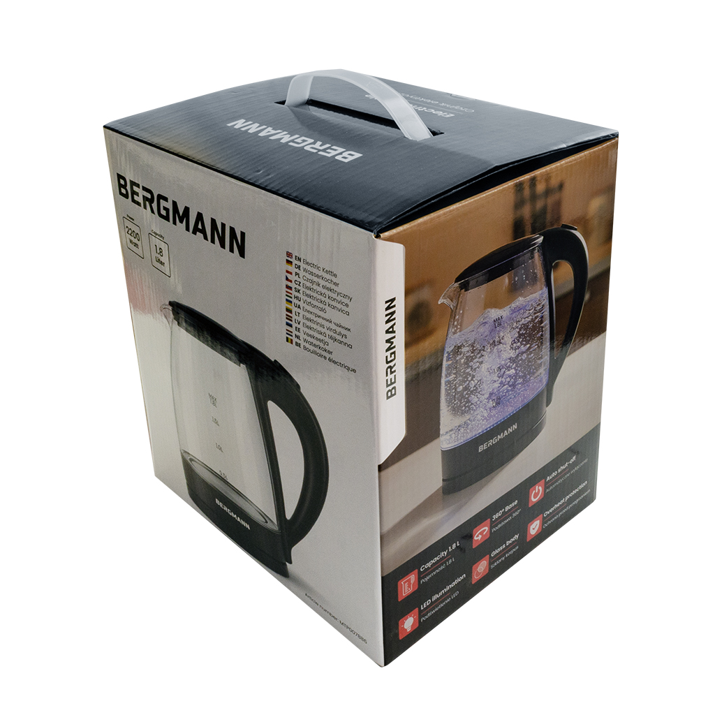 Czajnik elektryczny szklany BERGMANN ZH001 1,8L 2200W podstawa czarna N - obrazek 14