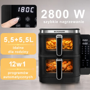 Frytkownica beztłuszczowa BERGMANN YI 2 komory pionowo 5,5l+5,5l 2800W książka N