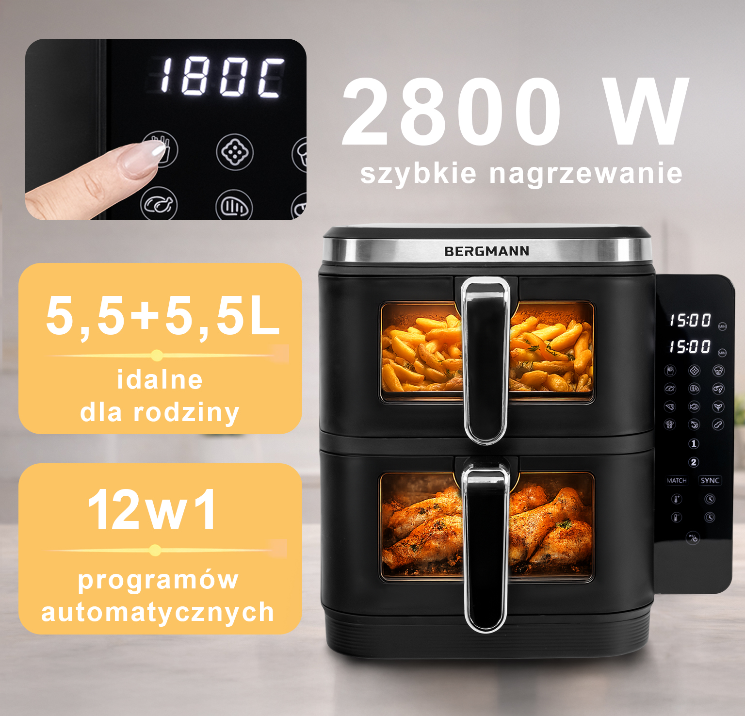 Frytkownica beztłuszczowa BERGMANN YI 2 komory pionowo 5,5l+5,5l 2800W książka N