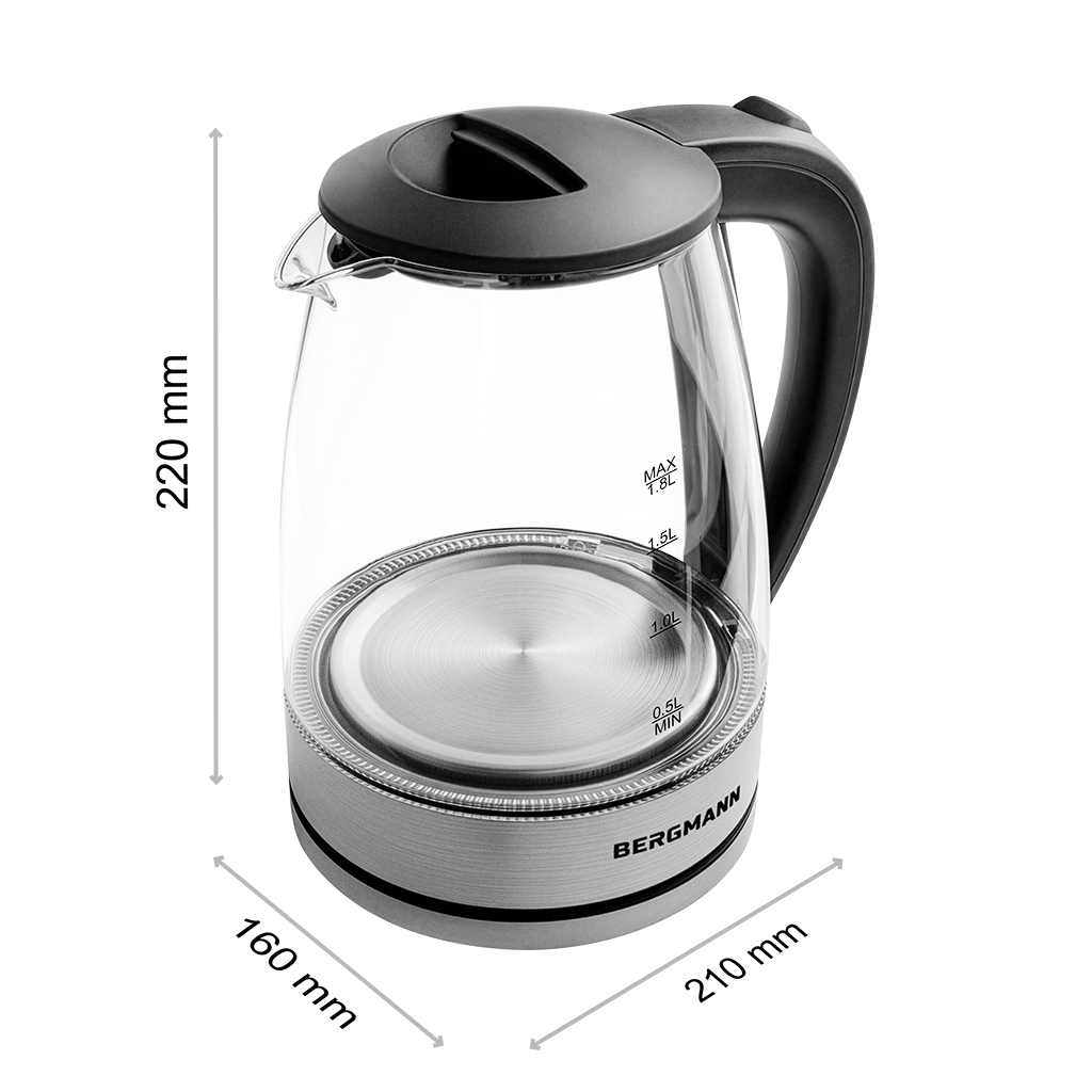 Czajnik elektryczny szklany BERGMANN ZH002 1,8L 2200W podstawa inox N - obrazek 3