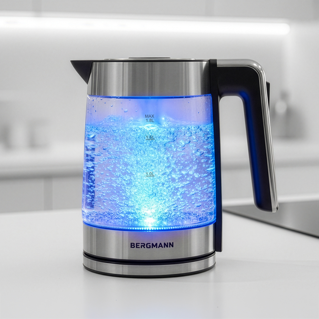 Czajnik elektryczny szklany BERGMANN ZH004 1,8L 2200W podstawa inox kształt cylindryczny N - obrazek 5