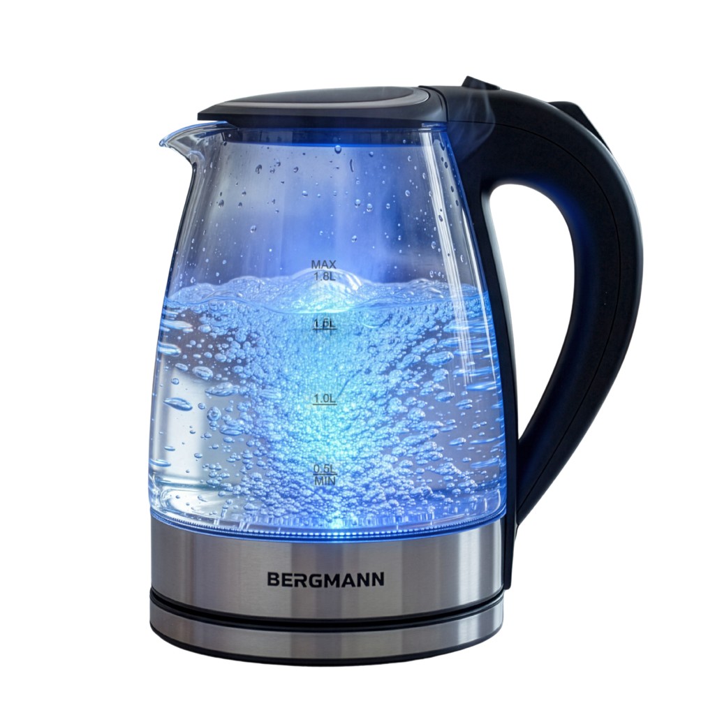 Czajnik elektryczny szklany BERGMANN ZH003 1,8L 2200W podstawa inox pokrywa na przycisk N