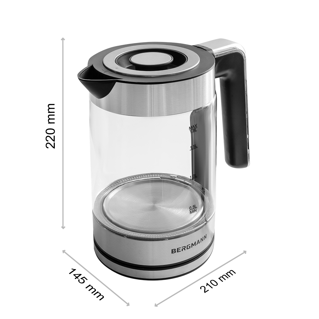 Czajnik elektryczny szklany BERGMANN ZH004 1,8L 2200W podstawa inox kształt cylindryczny N - obrazek 4