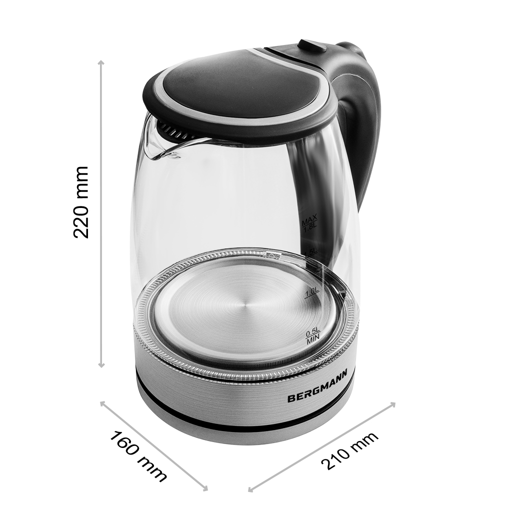 Czajnik elektryczny szklany BERGMANN ZH003 1,8L 2200W podstawa inox pokrywa na przycisk N - obrazek 2