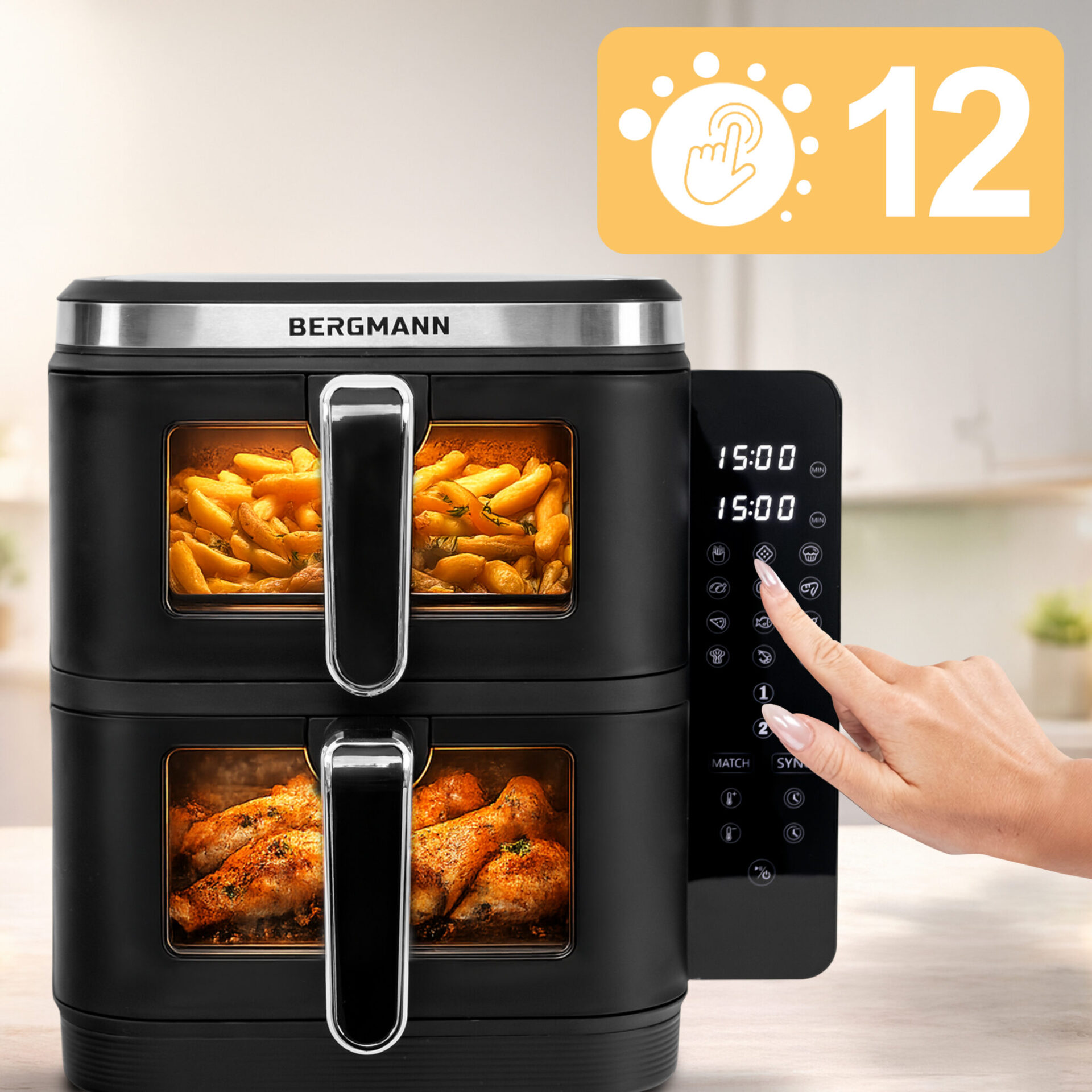 Frytkownica beztłuszczowa BERGMANN YI 2 komory pionowo 5,5l+5,5l 2800W książka N - obrazek 2