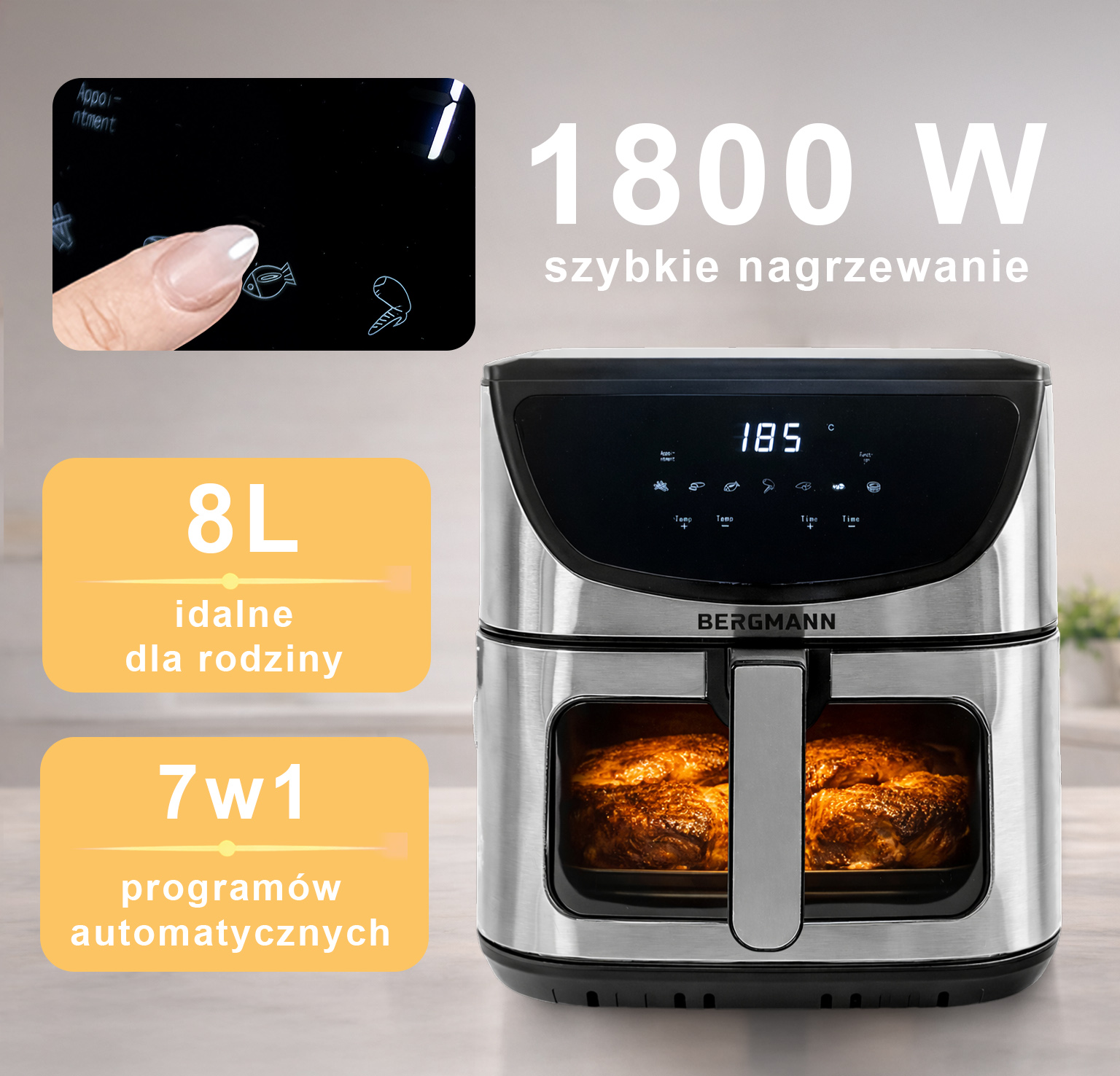 Frytkownica beztłuszczowa BERGMANN YA 1 komora 8l 1800W N