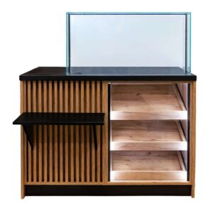 Lada sprzedażowa z nadstawką szklaną oświetlenie LED H- 90 cm L- 120 cm G- 60 cm dąb kraft/czarny N