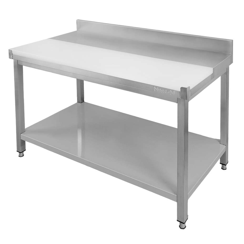 Stół ze stali nierdzewnej przyścienny z płytą polietylenową i półką Mega-M S-120 cm G-70 cm H-85 cm N