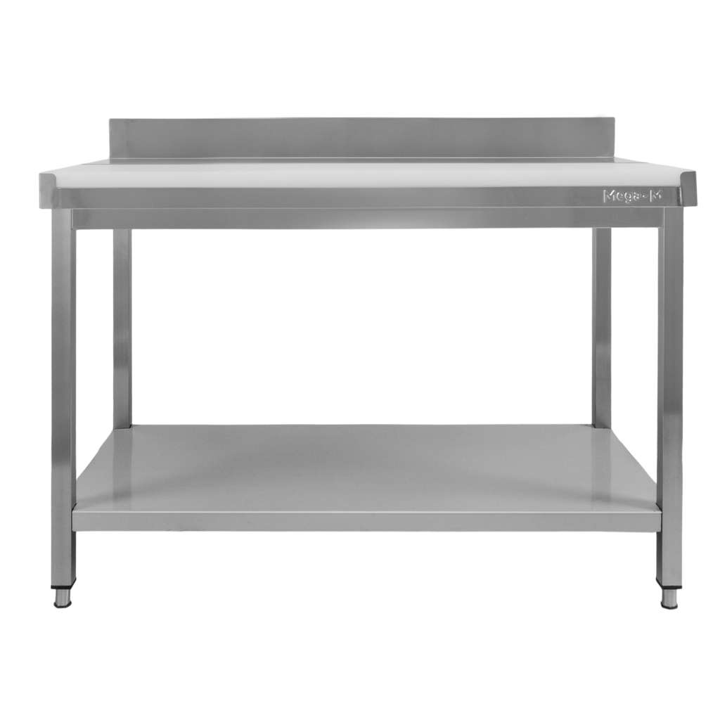 Stół ze stali nierdzewnej przyścienny z płytą polietylenową i półką Mega-M S-120 cm G-70 cm H-85 cm N - obrazek 4